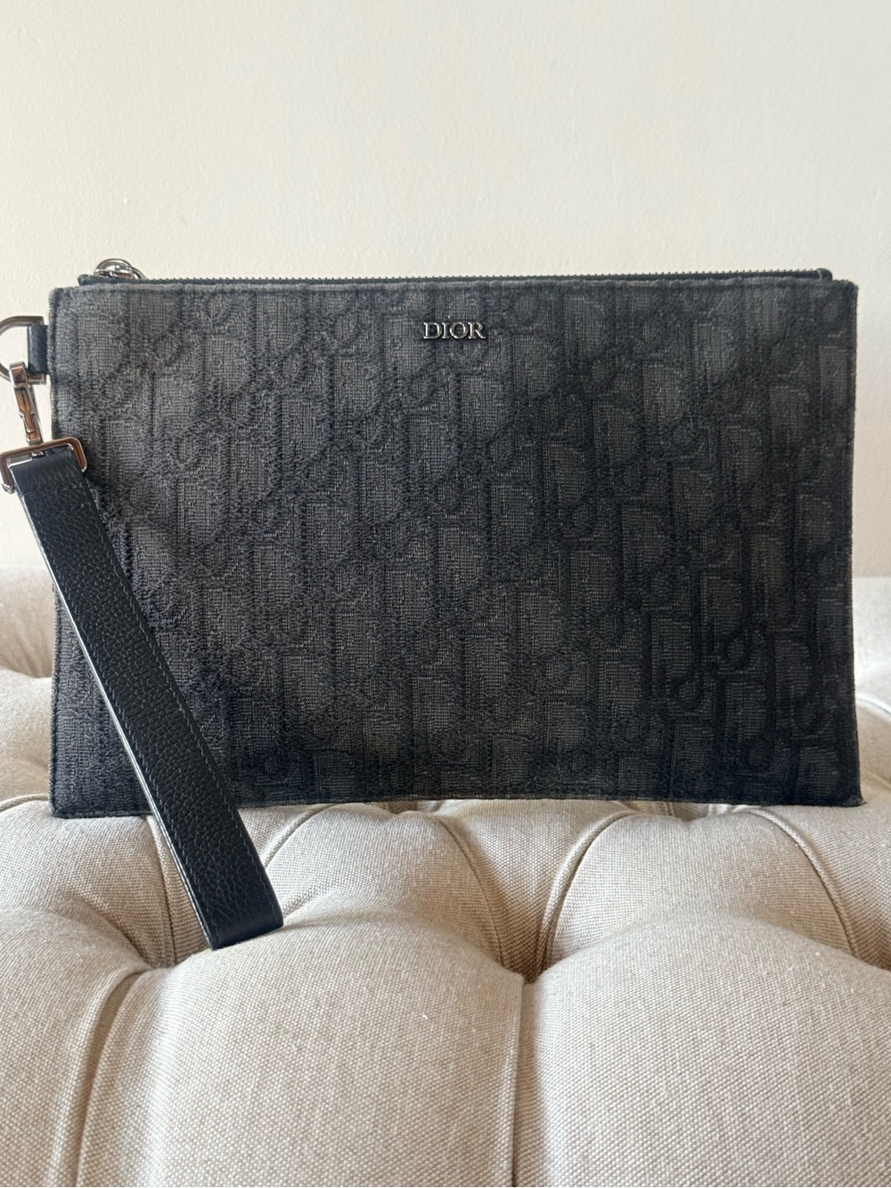 Authentic Dior Black Oblique Jacquard Zipped A5 Flat Pouch Clutch